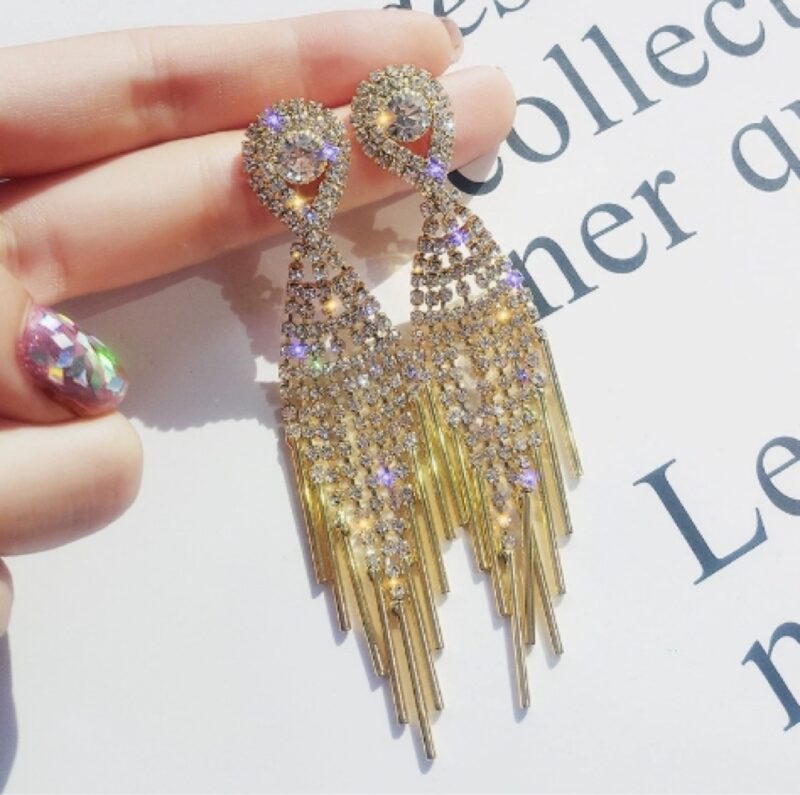 Feather Dangle Earrings with Crystals - Image 2